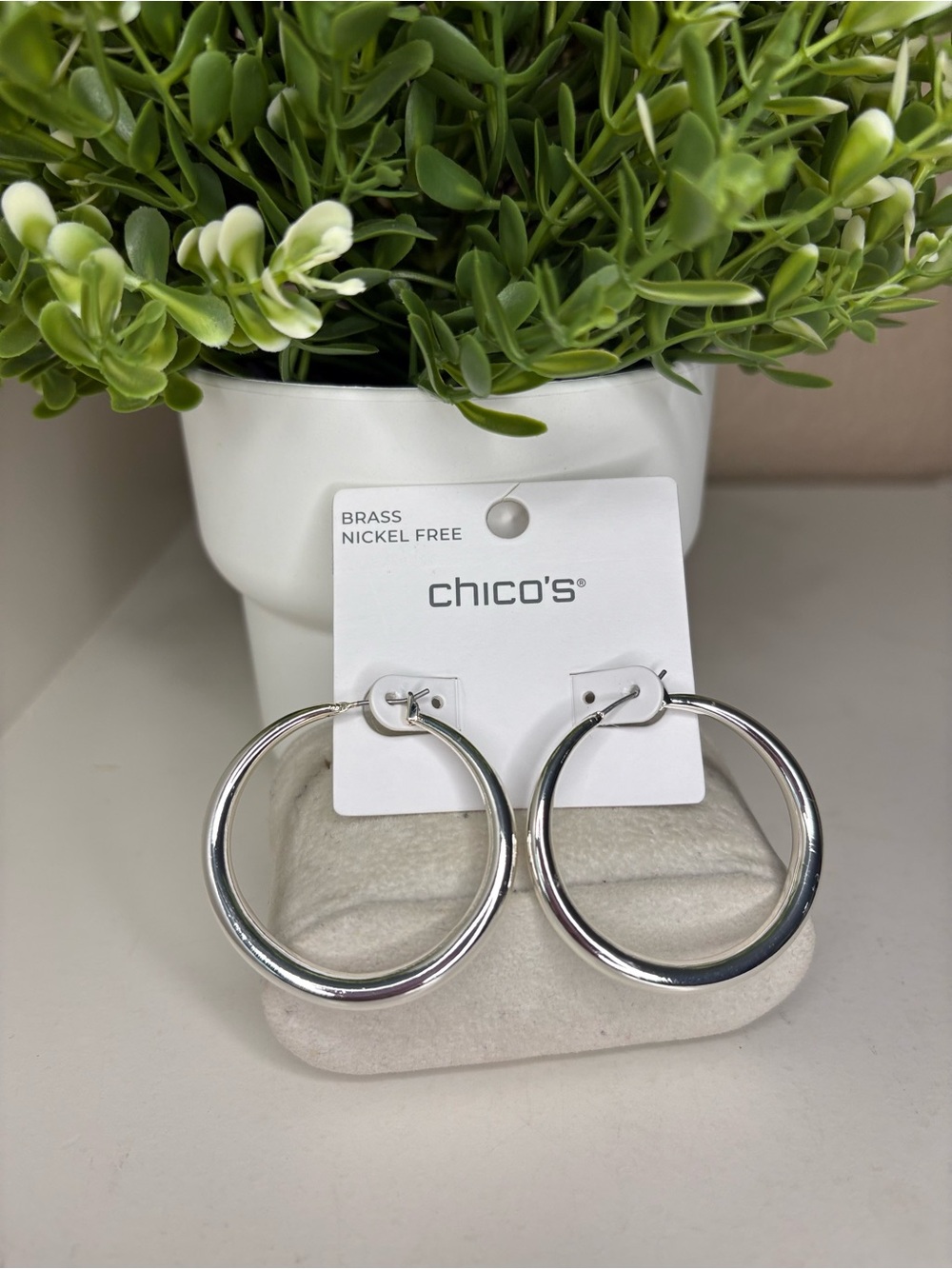 Chico’s Silver Tone High Polish Medium Hoop Earrings – Nickel Free Classic Style